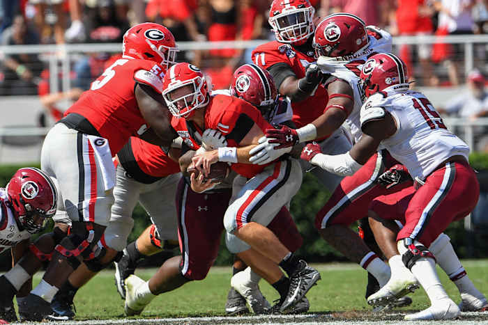 Jake Fromm sacked in Saturday's loss against South Carolina.